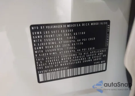 2021 Volkswagen Tiguan 2.0T Se/2.0T Se R-Line Black/2.0T Sel из США, поврежденный, VIN 3VV2B7AX5MM025391